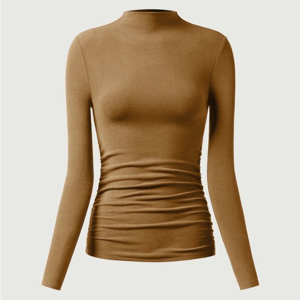 OGL Mid Thermal Ruched Sides Tuckable Mockneck Top - cinnamon buff medium